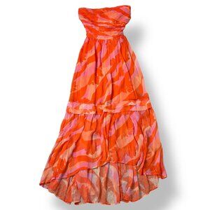 Ramy Brook Strapless Bernadette Orange Pink Print Chiffon Ruched Layered Sz 0